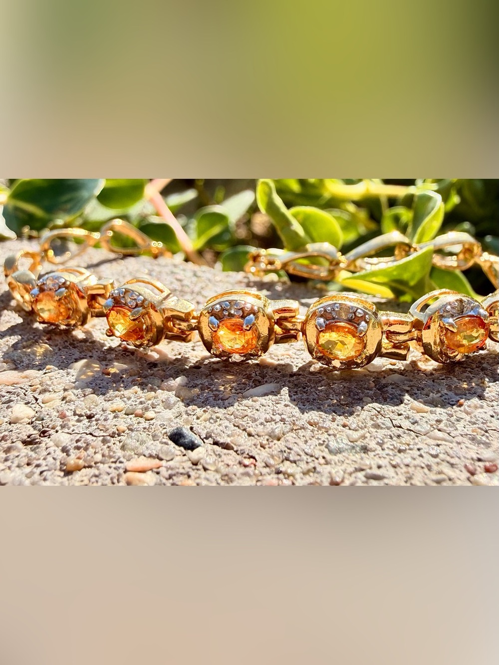 18K Gold Over Sterling Silver Orange AA Sapphire & Diamond Bracelet 7.25”